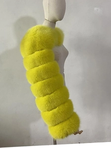 Close-up of bright yellow tiered faux fox fur sleeves with thick fluffy texture details