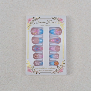 3D floral almond press-on nails with blue-pink gradient and delicate pearl accents