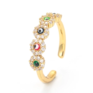 Gold evil eye open ring with colorful zircon flower design for a minimalist style