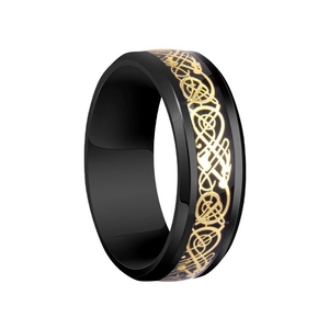 Men's black titanium steel ring with golden Celtic dragon pattern inlay and polished finish