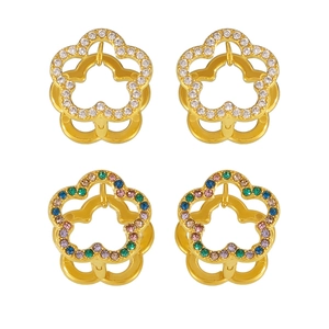 Golden flower hoop earrings with white and colored zircon stones in a 4-square layout