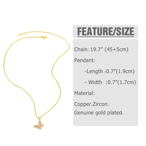 Detailed view of gold butterfly pendant necklace with dimensions 1.9x1.7cm and adjustable chain