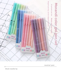 Close-up of Morandi color gel pens in a white basket with black needle-point tips