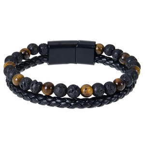 Detail of leather braid and tiger eye beads with black magnetic clasp on men's bracelet