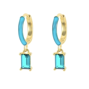 Macro view of gold-tone hoop earrings with blue enamel and rectangular crystal pendants
