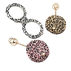 Portable leopard print PU leather makeup mirror keychain with dual-sided round mirrors