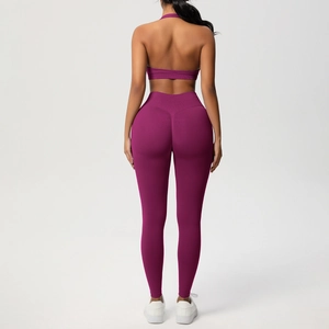 Set sportivo donna con reggiseno allacciato al collo e leggings a vita alta prugna