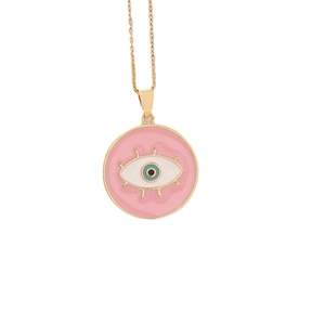 18K gold chain necklace with pink enamel Evil Eye pendant on a clean white background