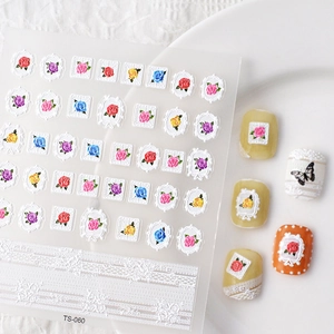 5D relief flower nail stickers featuring vintage lace frames and colorful rose designs