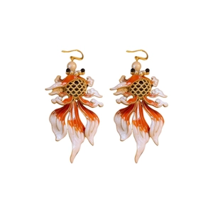 Elegant New Chinese goldfish pearl drop earrings with orange enamel and gold metal mesh
