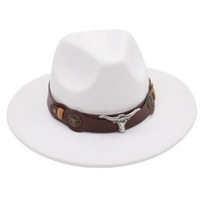 Close-up of white felt western hat featuring leather band and silver bull head emblem