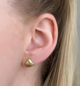 Macro detail of gold fan-shaped shell earrings on ear showing delicate vertical texture