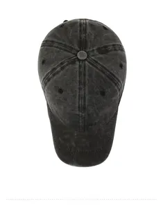 Top down view of a black washed vintage baseball cap with blue China embroidery detail