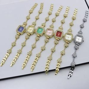 Luxury square quartz watches for women with rhinestone bezels and floral bracelet bands