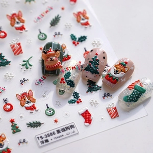 3D embossed Christmas nail art stickers with Corgi, tree and reindeer motifs