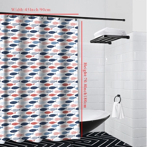 Detailed shower curtain showing small fish patterns and 90x180cm size dimensions
