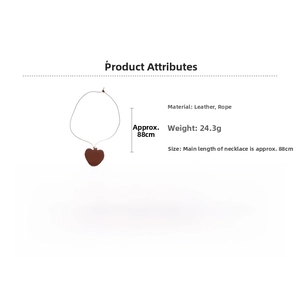 Detail of heart leather pendant necklace with 88cm cord and 24.3g weight specification