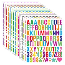Close-up of colorful 1-inch glitter alphabet stickers in various vibrant font colors