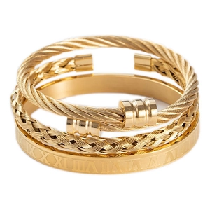 Three-piece set of men's gold stainless steel bracelets with Roman numerals and woven textures