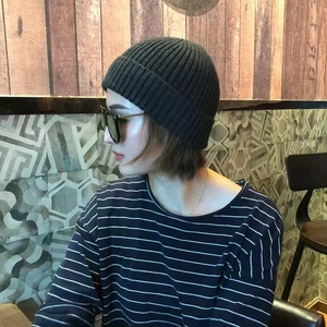 Deep grey striped knit beanie for men and women, stylish winter warm skull cap for daily wear