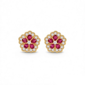 Exquisite gold flower stud earrings with red ruby petals and white zircon accents