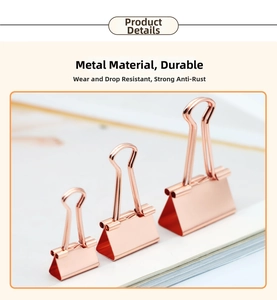 Detailed view of rose gold metal binder clips in small, medium, and large sizes
