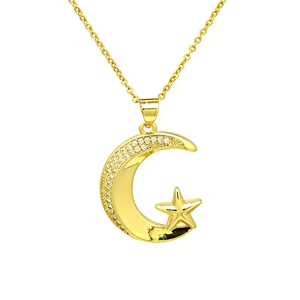 Detail of gold-plated moon and star pendant necklace with cubic zirconia inlay