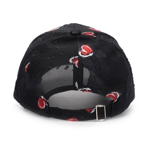 Distressed black baseball cap back view with heart pattern and adjustable metal buckle