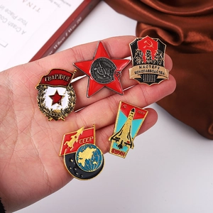Five Soviet CCCP star badges set with Red Star and Buran shuttle enamel lapel pins