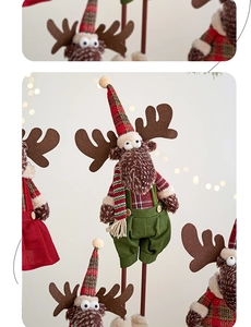 Detailed close-up of plush Christmas reindeer ornaments with textured fabric and holiday outfits