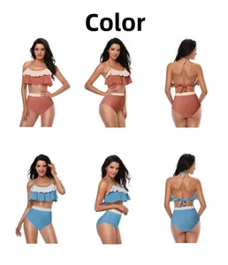 Detailed views of two-piece bikinis in rust red and sky blue with ruffled tops and stripes