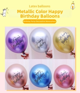 Detail of 12-inch metallic latex balloons with Happy Birthday print for party decor