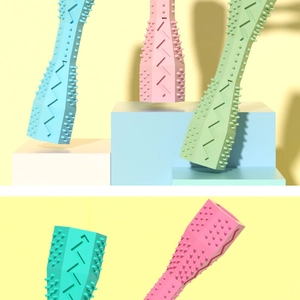 Macro view of durable rubber pet teething toy with cleaning nodes in pastel colors