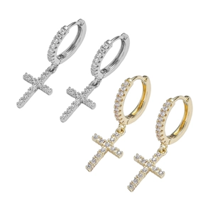 Cross hoop earrings with sparkling cubic zirconia in gold and silver finish