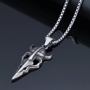 Retro stainless steel viking mask dagger pendant with box chain in vintage silver finish