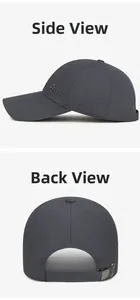 Detail view of charcoal gray baseball cap showing Leier embroidery and metal buckle