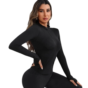 Women's black zip-up fitness top with stand collar and thumbhole sleeves for yoga