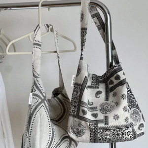 Artistic paisley and geometric pattern canvas tote bags in monochrome cotton linen