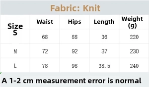 Size chart detail for knit set including waist, hip, length measurements and fabric info