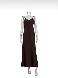 Elegant dark brown satin maxi slip dress with shoulder bow ties and a glossy finish