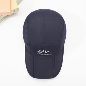 Navy blue breathable mesh hiking cap with foldable brim and quick-dry fabric