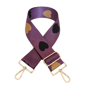 Adjustable purple nylon handbag strap with heart pattern jacquard and gold metal hooks