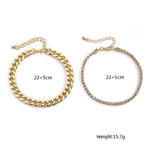 Minimalist Cuban link and rhinestone fringe anklet set with 22+5cm extension length