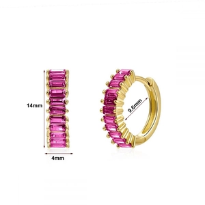 Detail view of gold hoop earrings with pink rectangle crystals and 14mm height dimensions