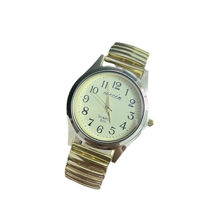 Classic silver and gold quartz watch with elastic steel band and large easy-read numbers