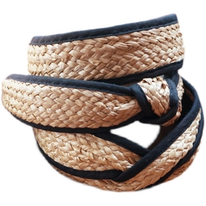 French vintage raffia straw braided headband with black fabric trim for beach style