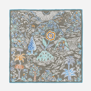 Grey square silk scarf with blue and orange botanical print featuring Isola Di Primavera