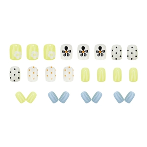 Colorful macaron polka dot short press-on nails with floral patterns in 24-piece set