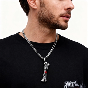 Vintage Stainless Steel Bone Pendant Necklace Red Zircon Floral Carved Hip Hop Gothic Polished Jewelry For Men