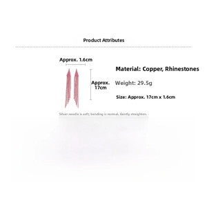 Detail view of long pink tassel earrings with silver needle and rhinestone dimensions